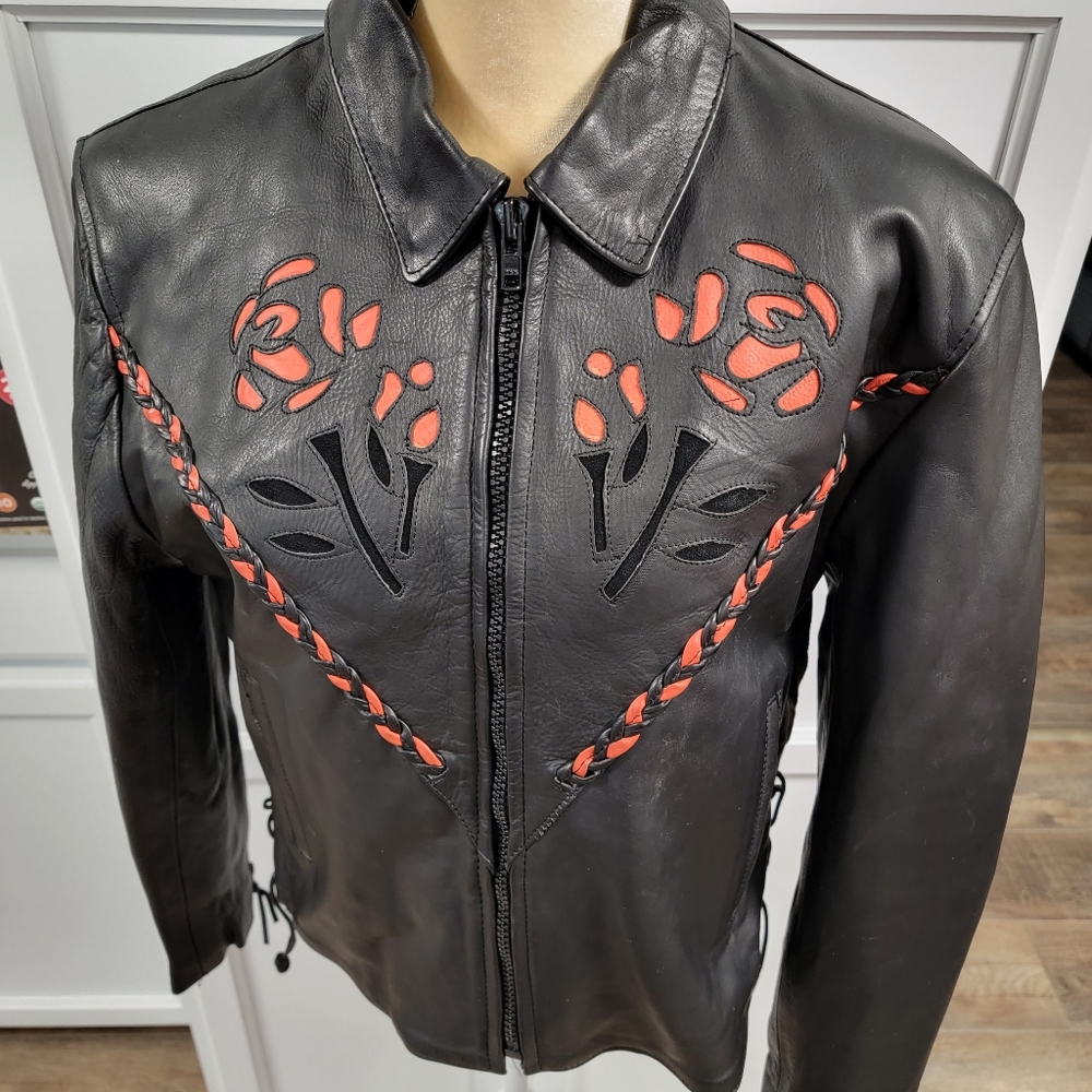 Motorcycle Jacket Black Leather Orange Trim w Cutout Roses Zip Out Lining LARGE